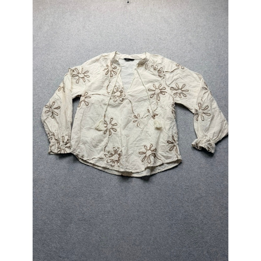 Zara Womens XS Embroidered Floral Blouse Cream Brown Tassel Tie Boho Top